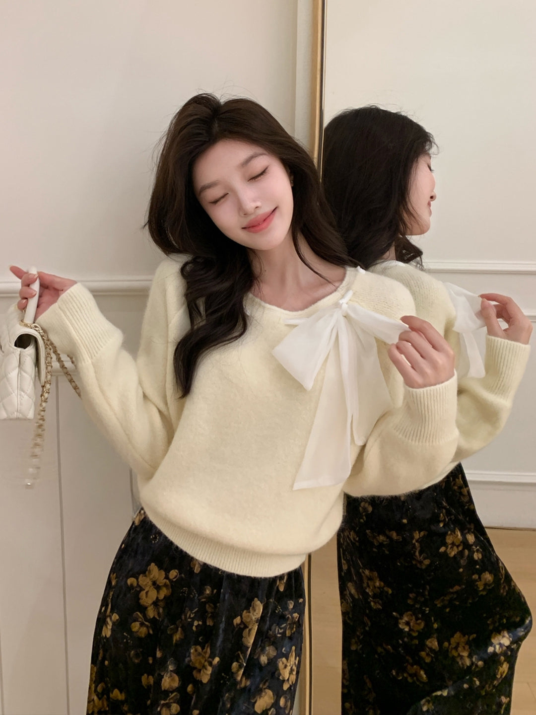 【tops】ビッグリボン付きニットトップス Q9243
