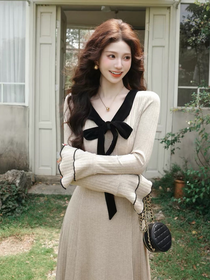 【dress】リボン付きニットロングワンピース Q9265