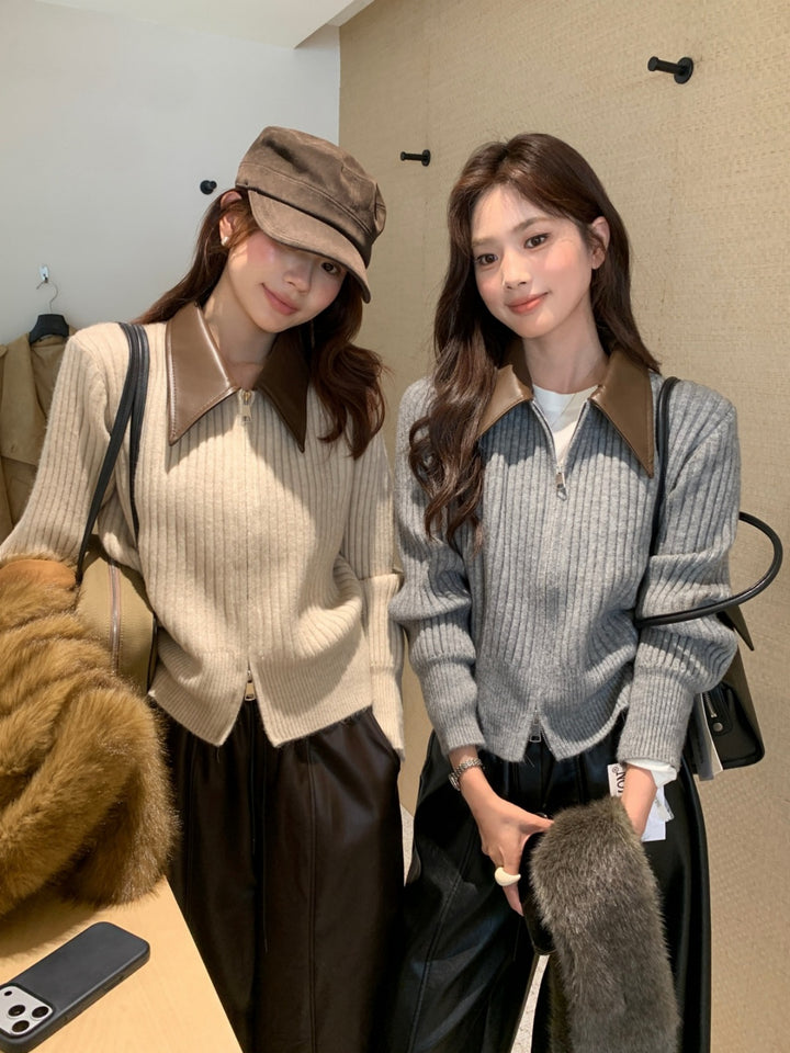 【outer】PUネックドッキングニットカーディガン Q9267