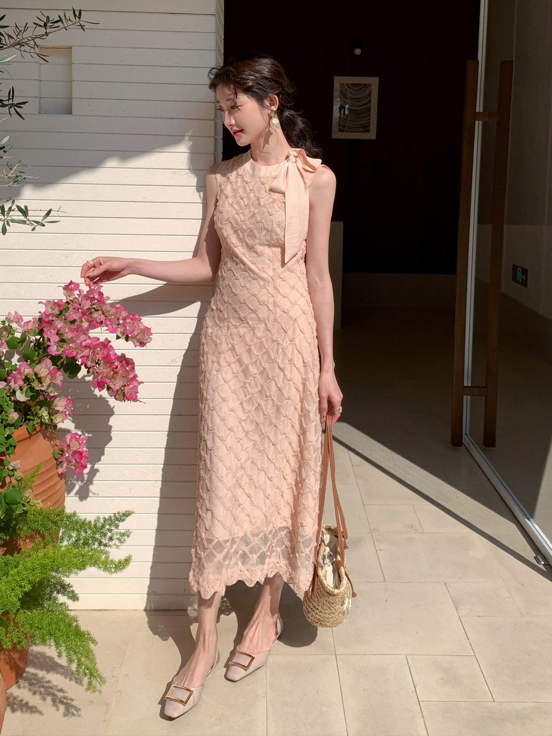 【dress】ノースリーブリボン付きロングワンピース Q8679