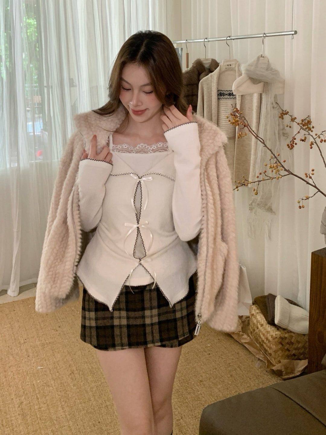 【tops】リボン付きフェイクレイヤードトップス Q9292