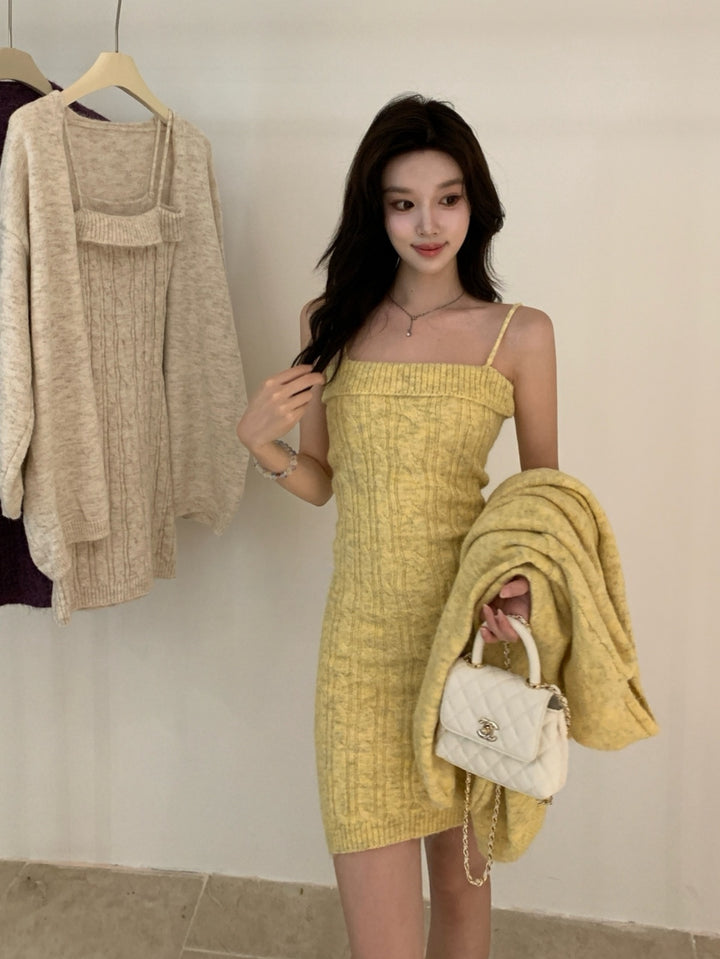 【set】ニットキャミワンピース×ニットカーディガンセット Q9257
