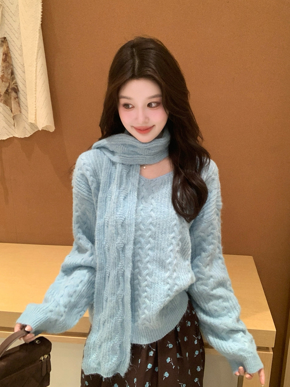 【tops】マフラー付きニットトップス Q9239
