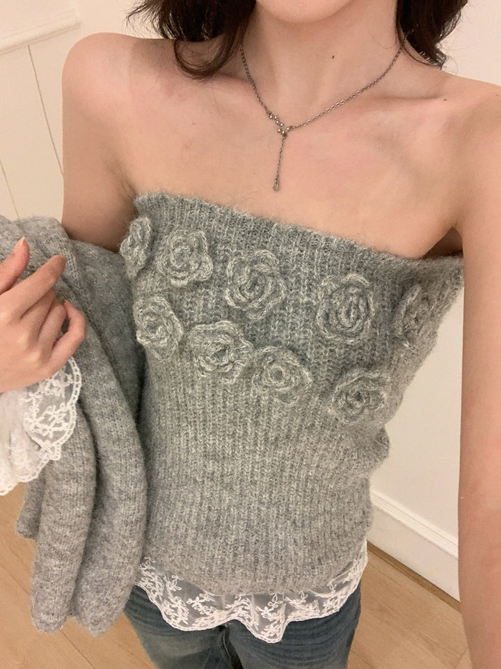 【set】立体フラワー付きニットチューブトップス×ニットカーディガンセット Q9252
