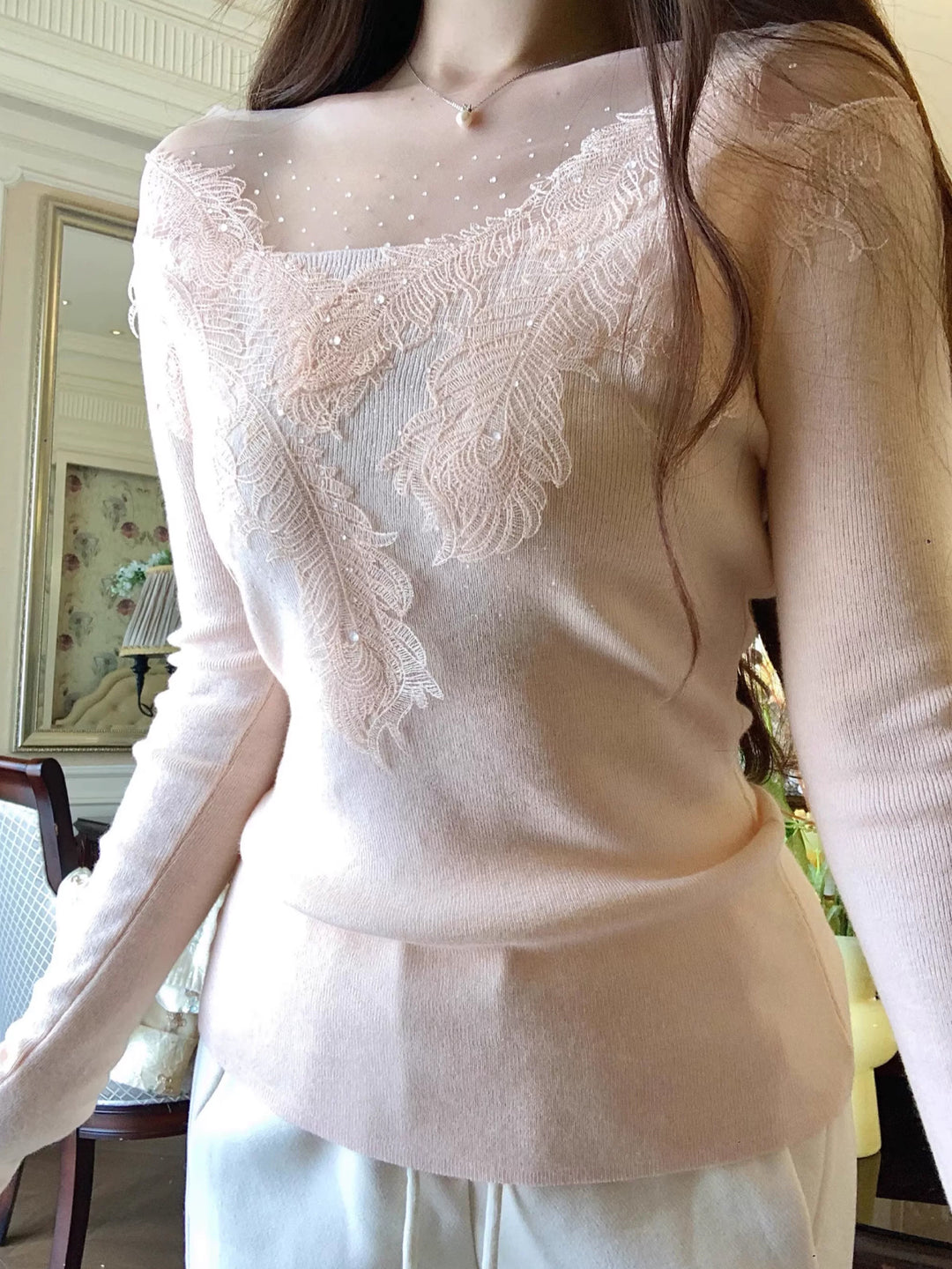 【tops】レースドッキングニットトップス Q9083