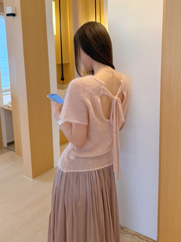【tops】バックリボン半袖ニットトップス Q8979