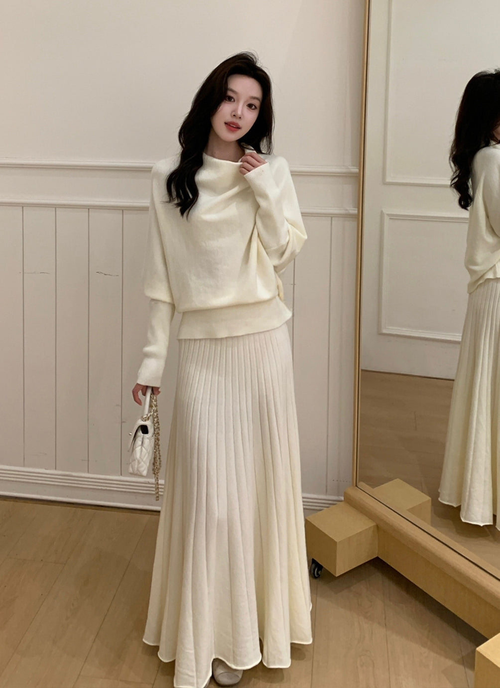 【set】ドレープドネックニットトップス×ロングプリーツスカートセット Q9240
