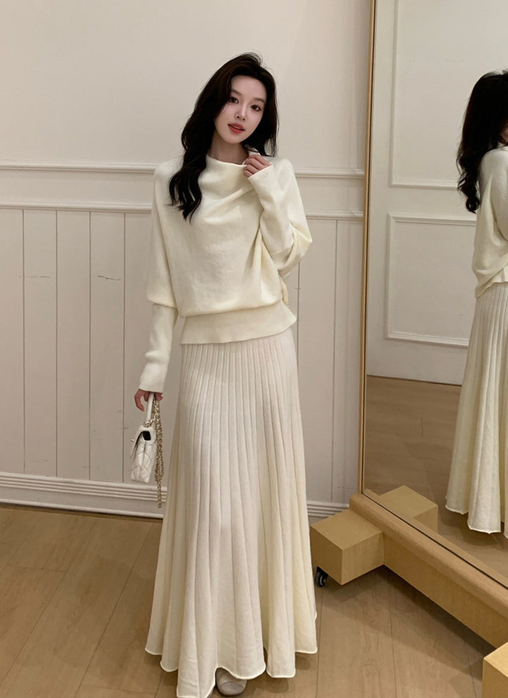 【set】ドレープドネックニットトップス×ロングプリーツスカートセット Q9240