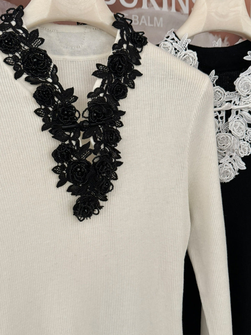 【tops】Vネックレースドッキングニットトップス Q9155