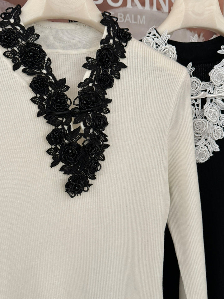 【tops】Vネックレースドッキングニットトップス Q9155