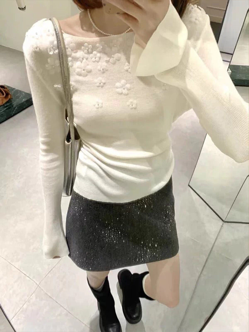 【tops】立体フラワー付きニットトップス Q9091