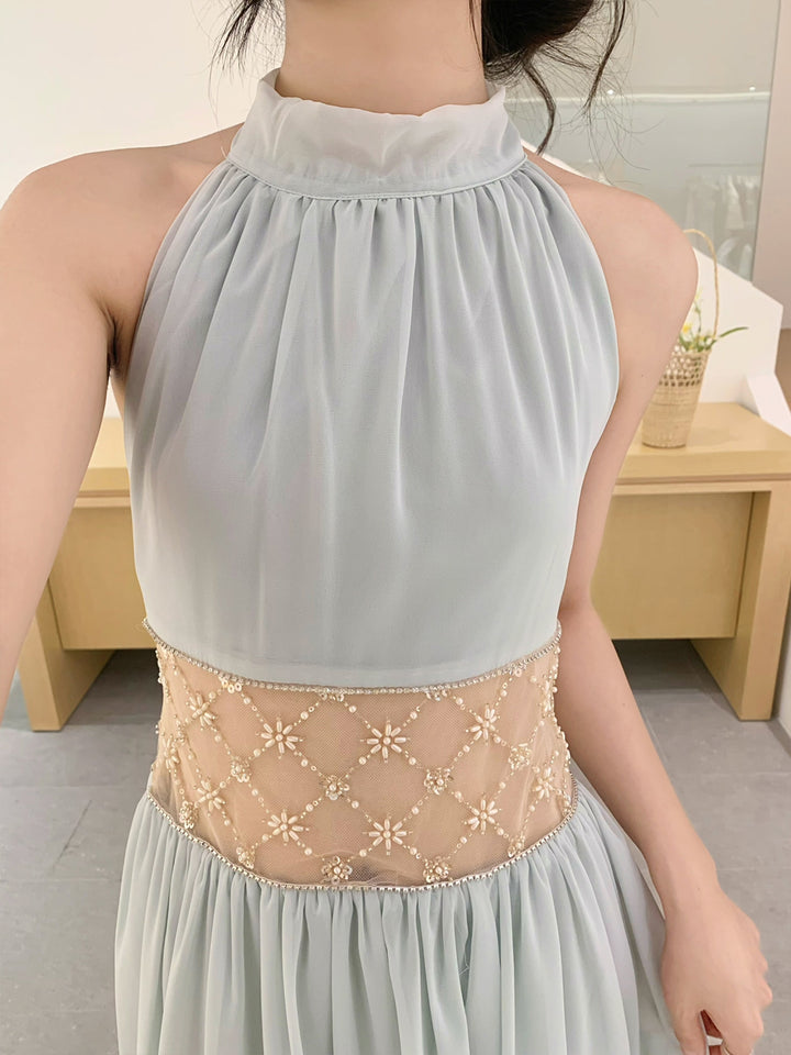 【dress】ホルターネックレースドッキングロングワンピース Q8660