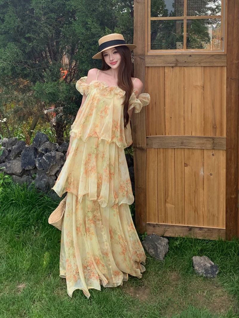 【dress】フラワー柄ロングティアードキャミワンピース Q8643