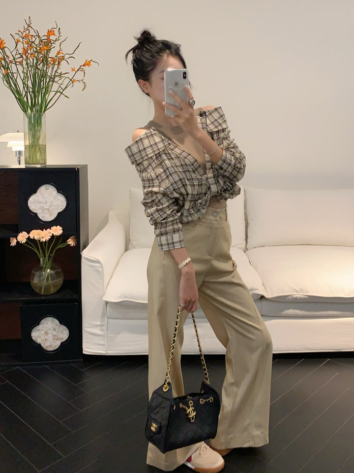 【tops】フェイクレイヤードチェック柄トップス Q9089
