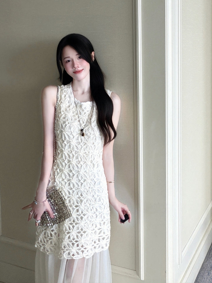 【dress】ノースリーブチュールドッキングロングワンピース Q8674