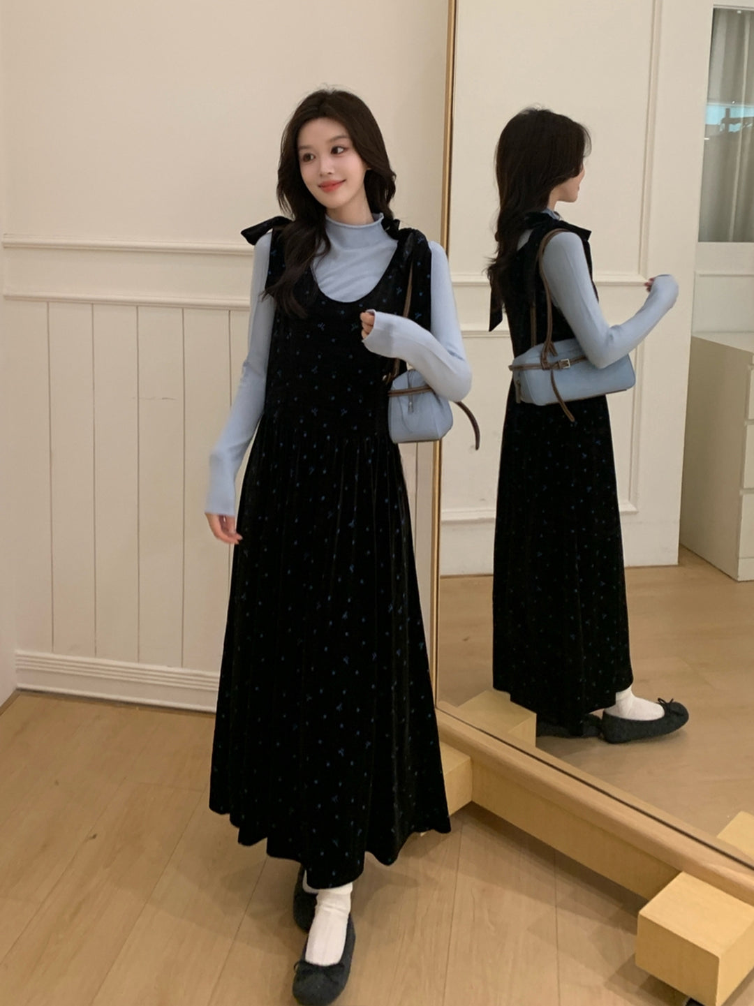 【set】ベルベットロングワンピース×ハイネックトップスセット Q9244