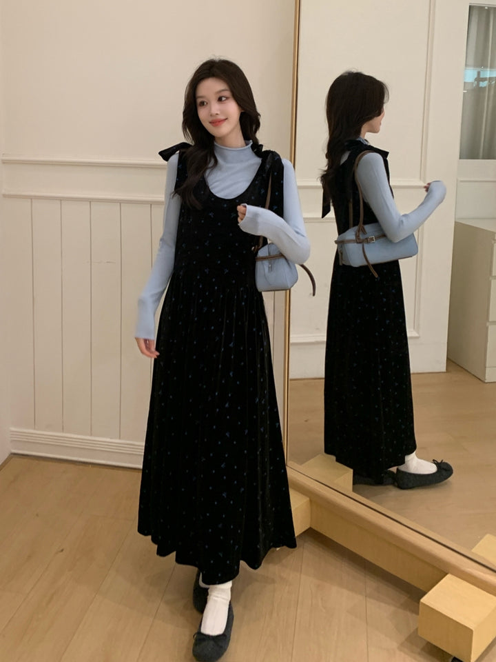 【set】ベルベットロングワンピース×ハイネックトップスセット Q9244