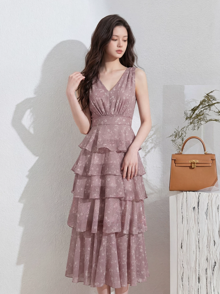 【dress】フラワー柄ノースリーブロングティアードワンピース Q8537