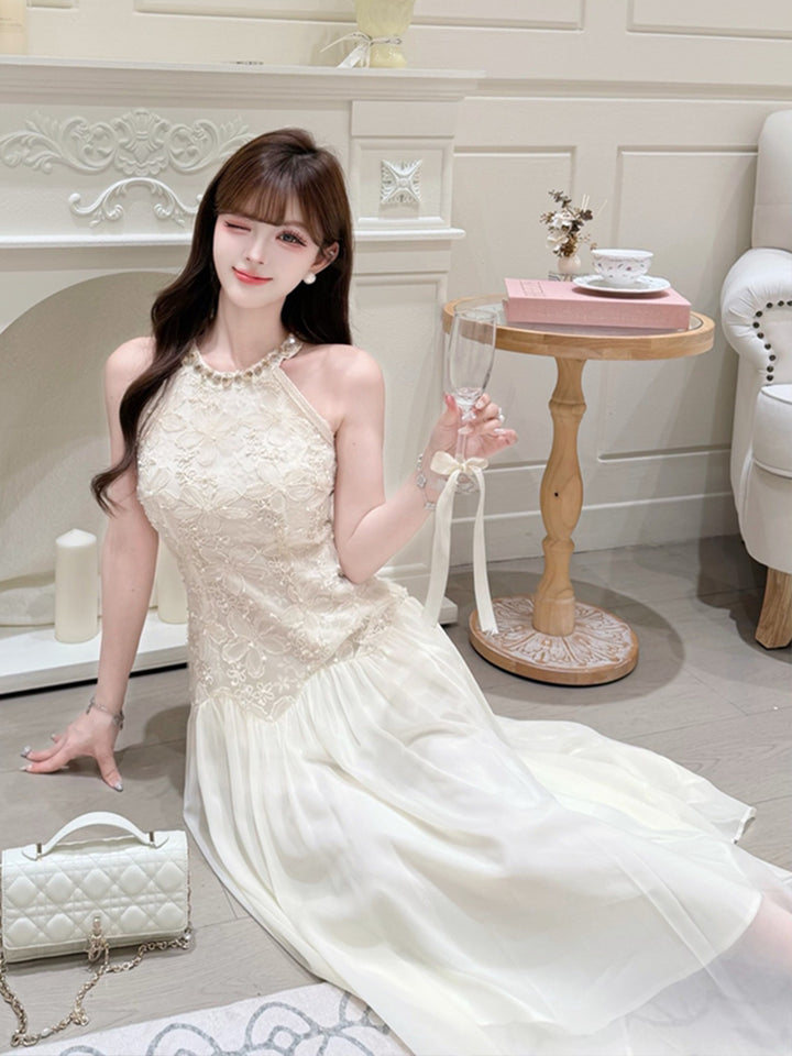 【dress】ノースリーブレースドッキングロングワンピース Q8685