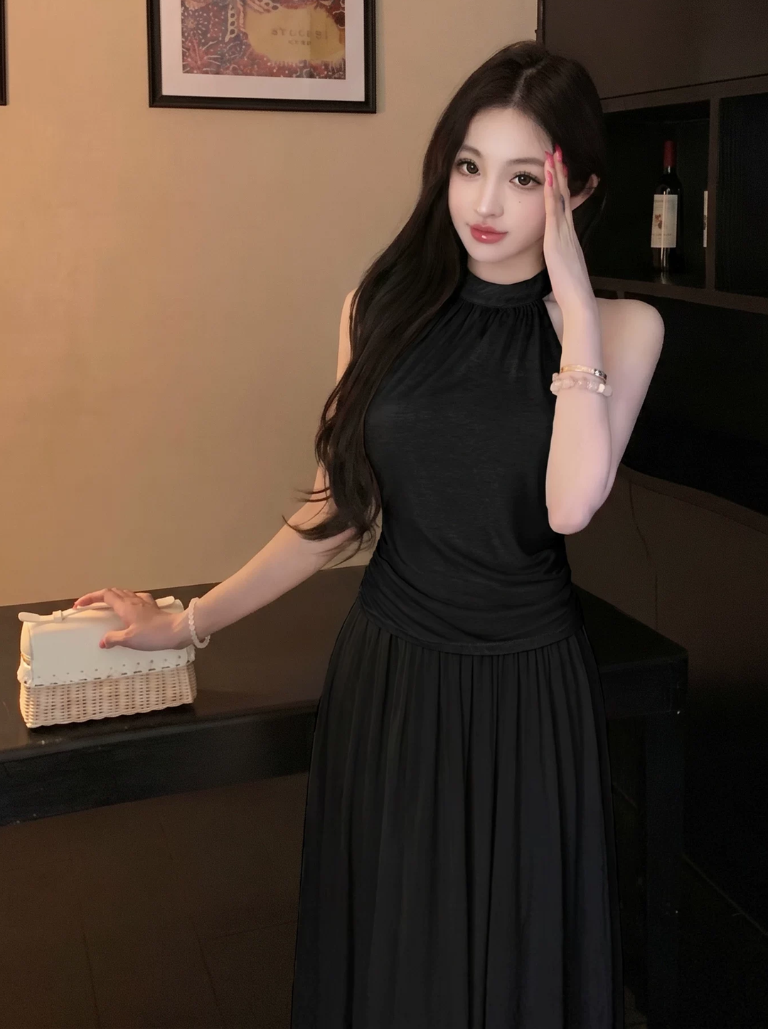 【set】ホルターネックトップス×ロングスカートセット Q8577