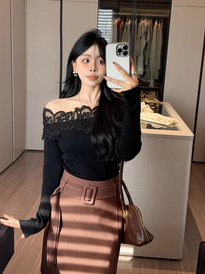 【tops】レースドッキングオフショルダーニットトップス Q9199