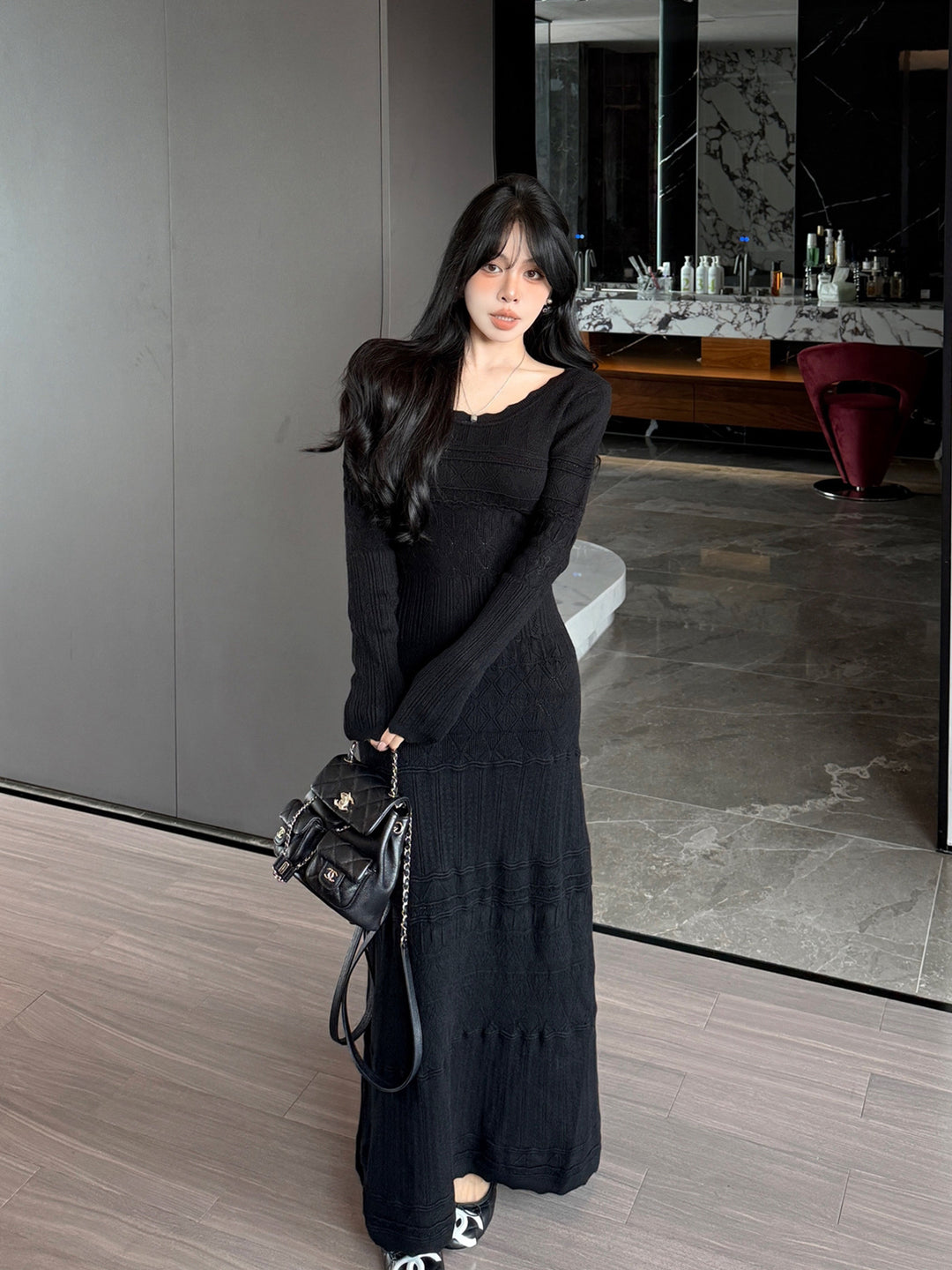 【dress】ロングアイレットニットワンピース Q9189