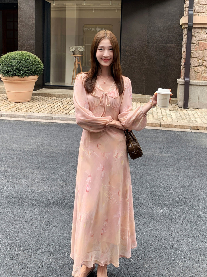 【dress】フラワー柄レースドッキングロングワンピース Q8998