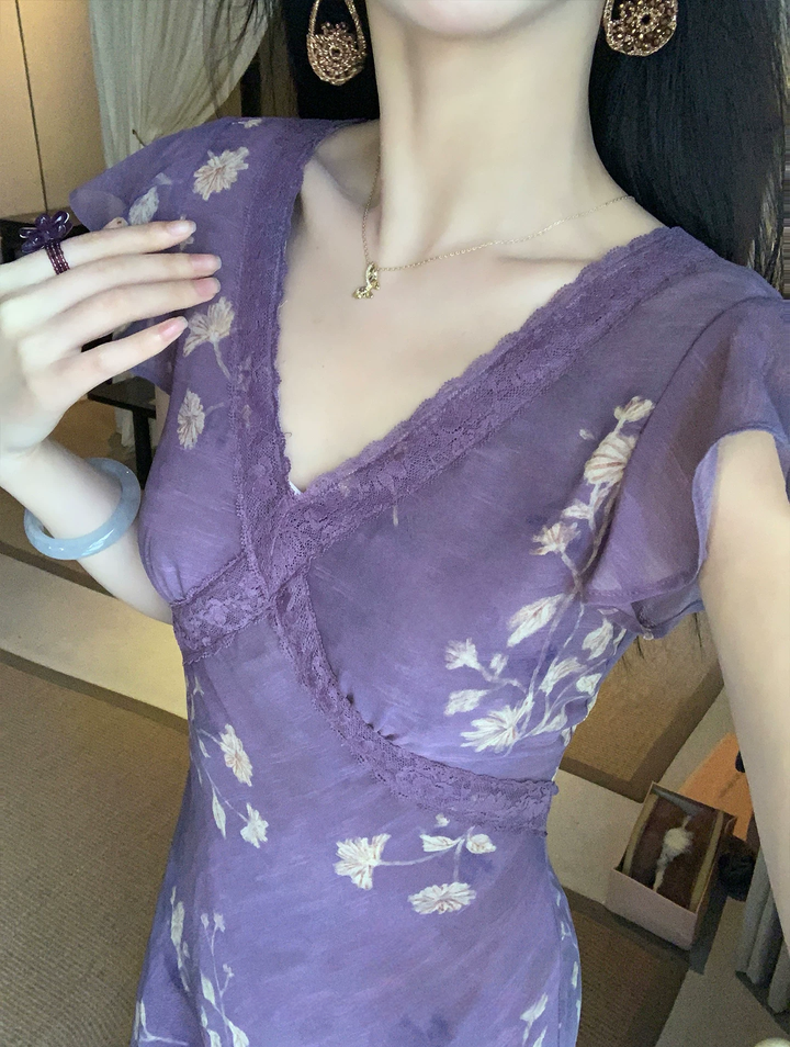 【dress】Vネックフラワー柄ロングワンピース Q8550