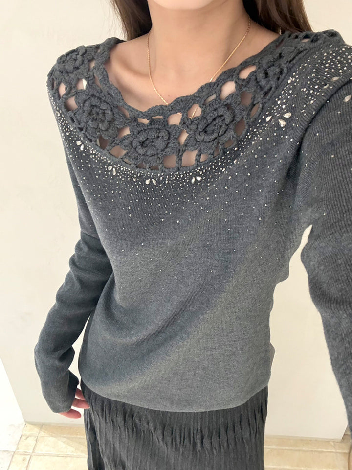 【tops】レースネックニットトップス Q9128