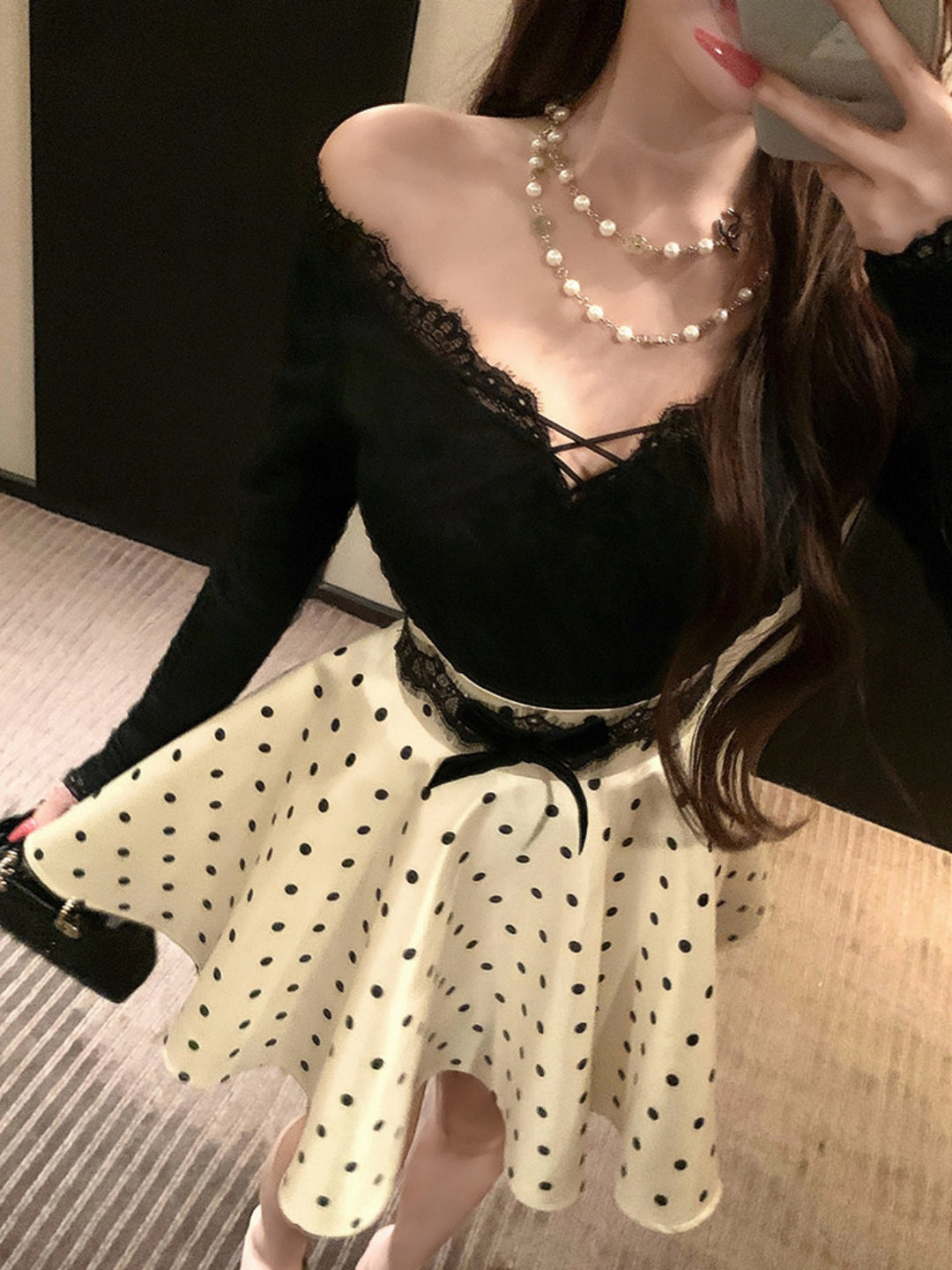【set】レースドッキングトップス×ドット柄ミニスカートセット Q9278