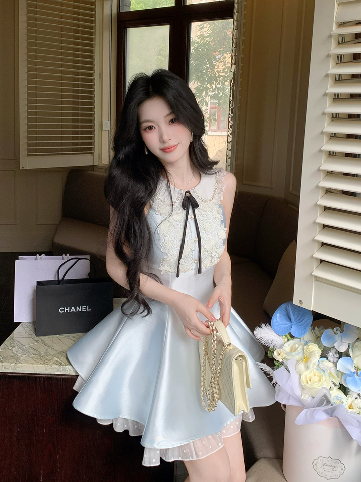 【dress】レースドッキングピーターパンカラーミニワンピース Q8549