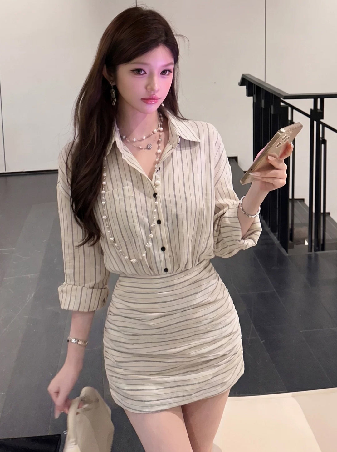 【dress】ストライプ柄シャツワンピース Q8645