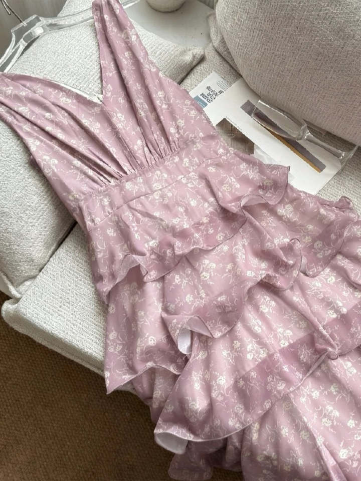 【dress】フラワー柄ノースリーブロングティアードワンピース Q8537