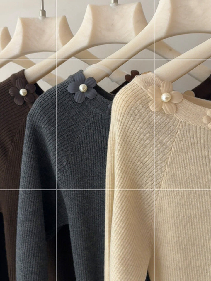 【tops】立体フラワー付きニットトップス Q9159