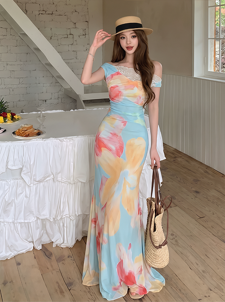 【dress】ノースリーブレースドッキングロングワンピース Q8597