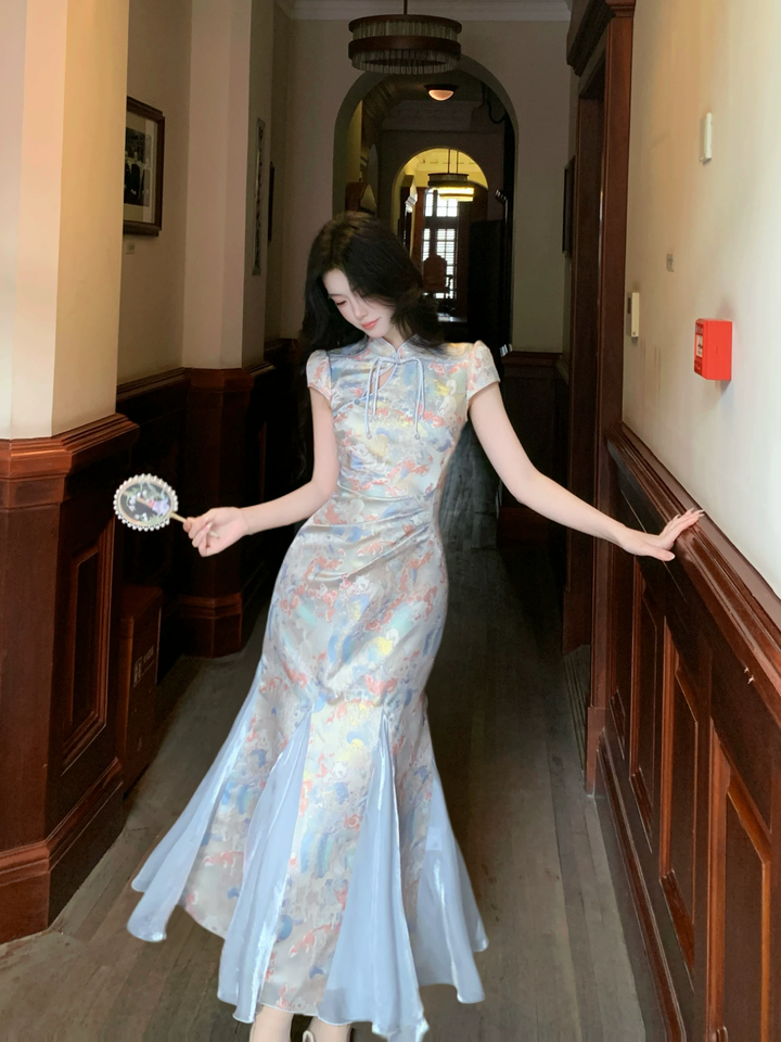 【dress】半袖サテンドッキングロングワンピース Q8542