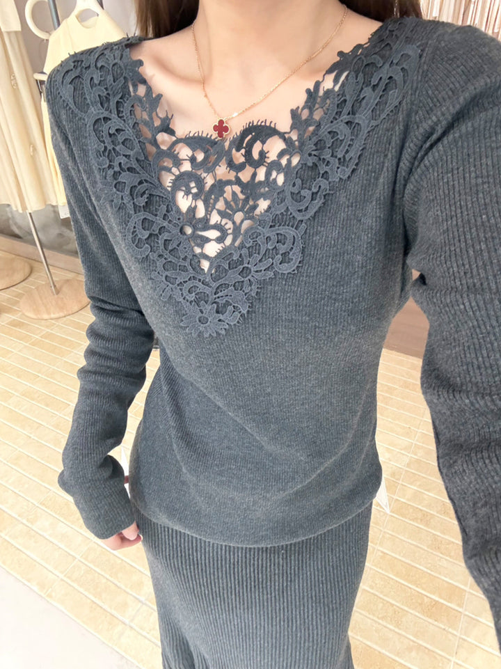 【tops】レースドッキングニットトップス Q9137