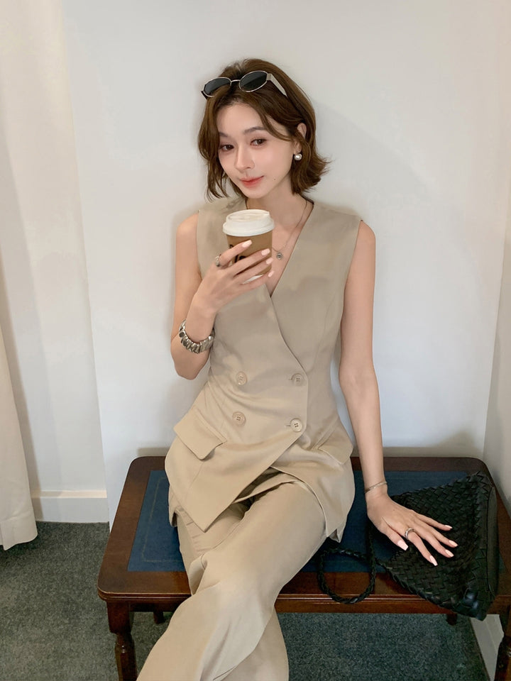 【set】スーツベスト×フェイクレイヤードパンツセット Q9115