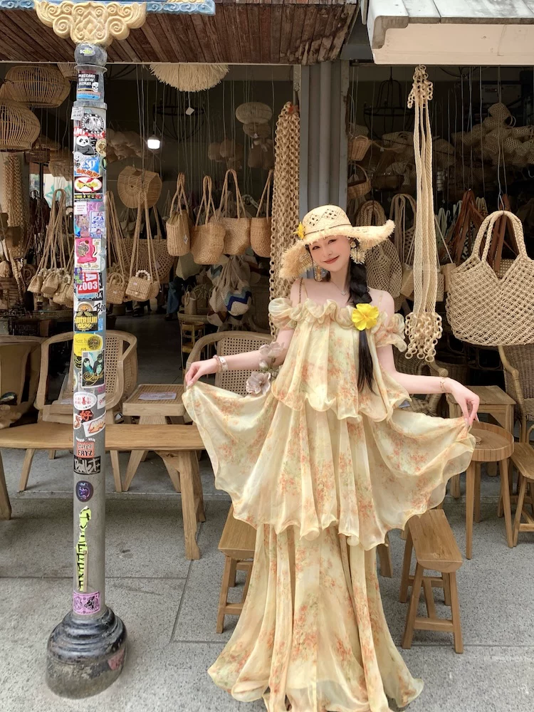 【dress】フラワー柄ギャザーフリルロングキャミワンピース Q8552