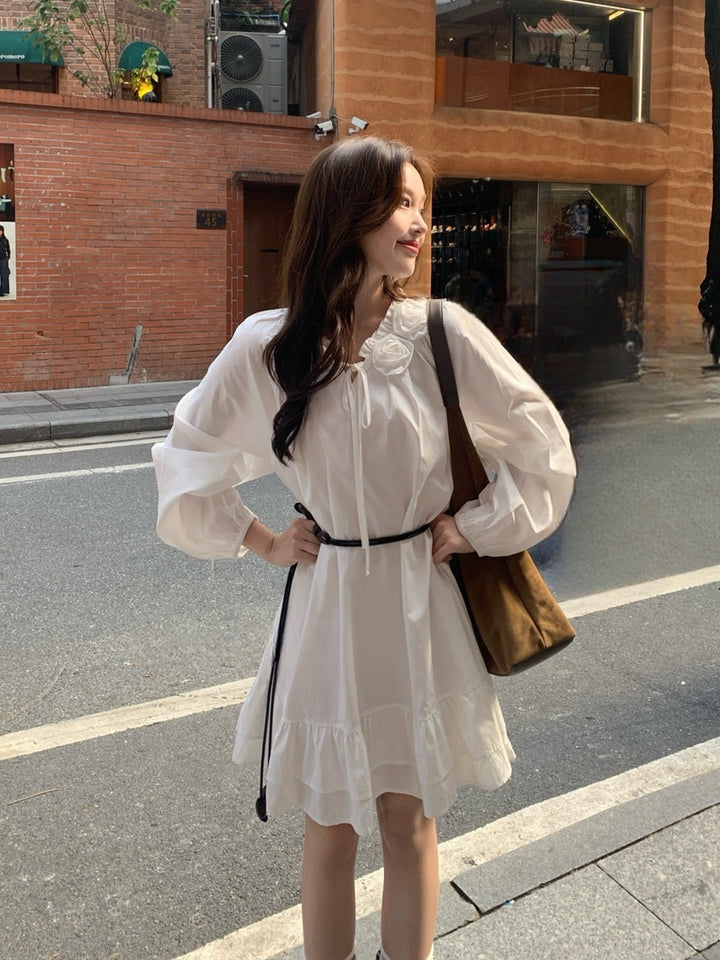 【dress】腰紐付き立体フラワーネックワンピース Q9108