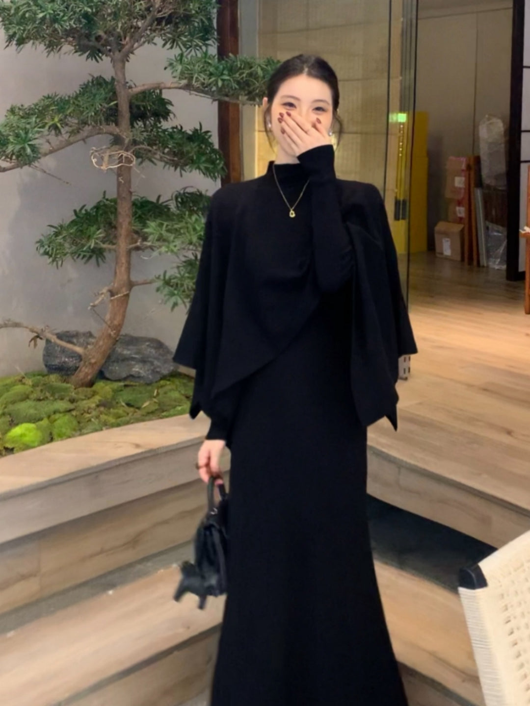 【set】ニットケープトップス×ロングニットワンピースセット Q9261