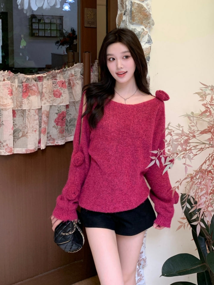 【tops】立体フラワー付きニットトップス Q9260