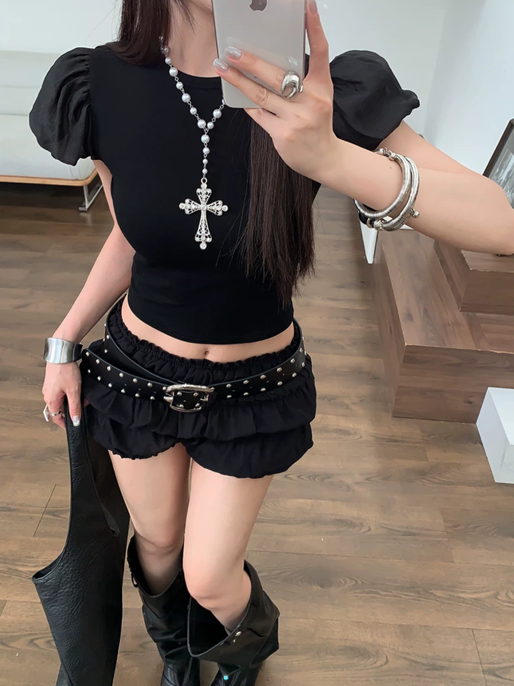 【tops】チュールドッキングフラッタースリーブトップス Q8575