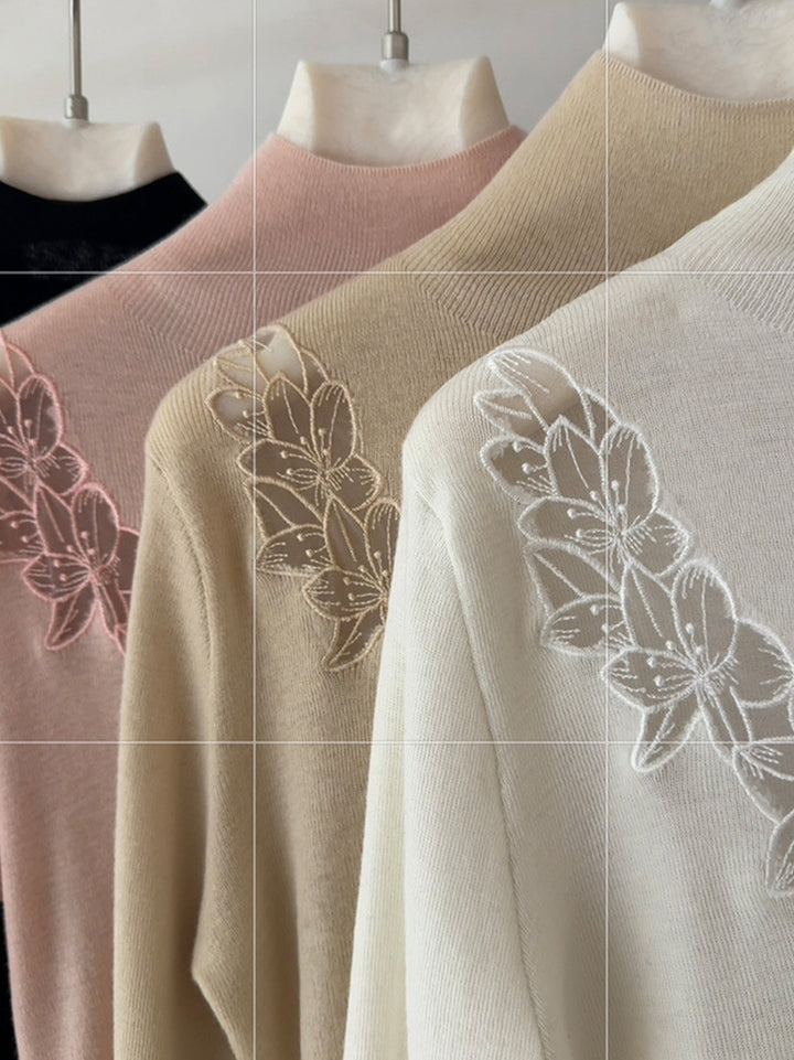【tops】ハイネックレースドッキングニットトップス Q9157