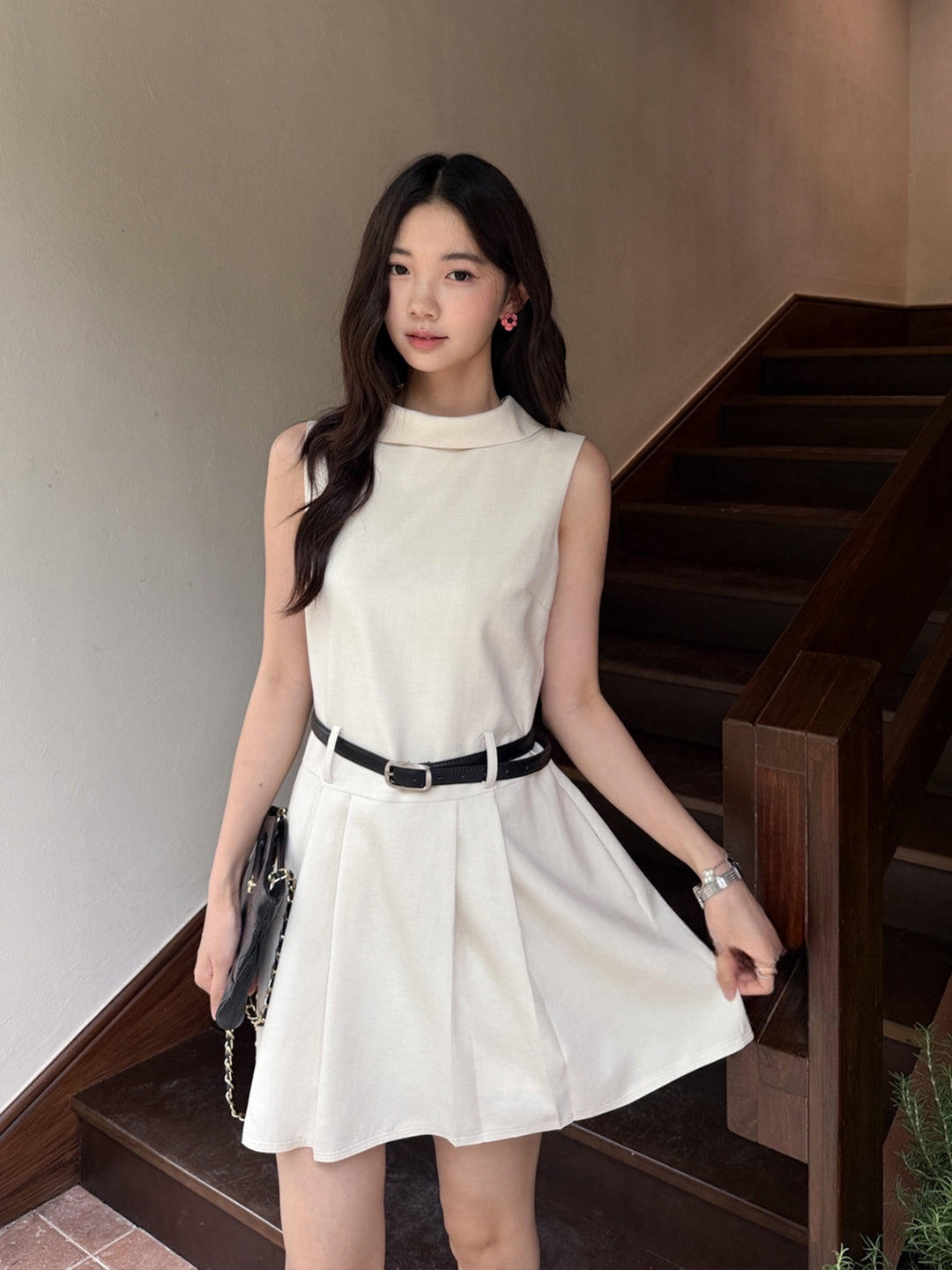 【dress】ベルト付きノースリーブミニワンピース Q8669