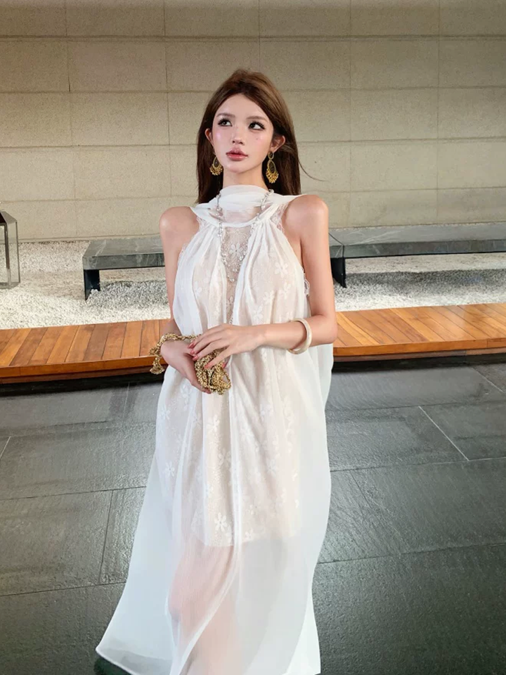 【dress】レースドッキングシアーチュールロングワンピース Q8585
