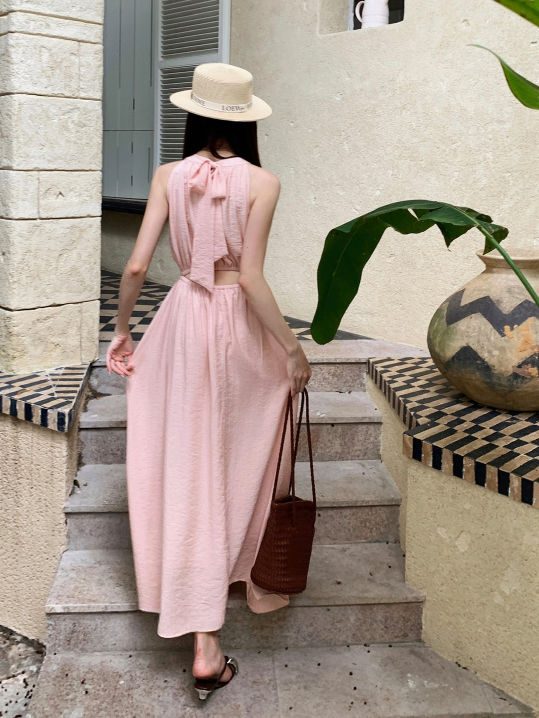 【dress】ノースリーブバックリボンロングワンピース Q8650