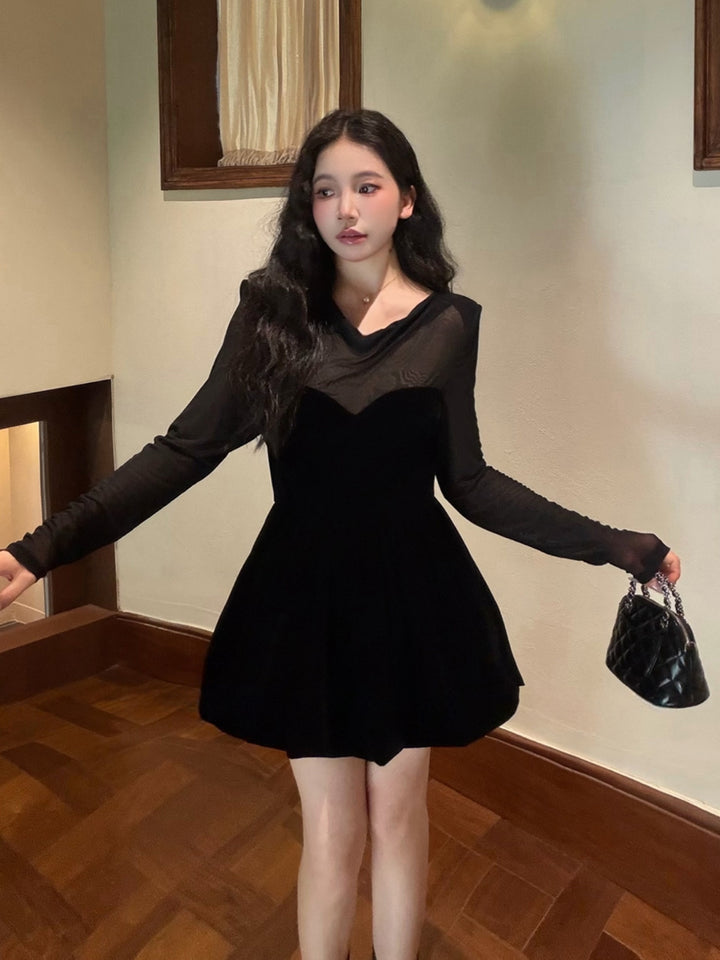 【dress】シアーチュールドッキングバルーンワンピース Q9090