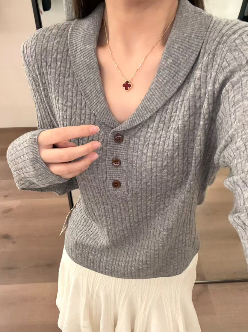 【tops】折り襟ニットトップス Q9142