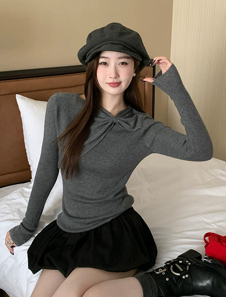【tops】リボンネックニットトップス Q9077